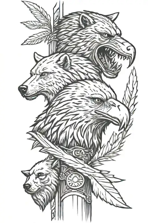 Totom Pole With An Eagle A Wolf And A Bear Head