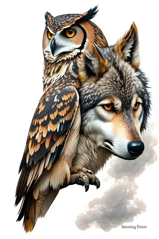 Owl And Wolf Tattoo On Forearm