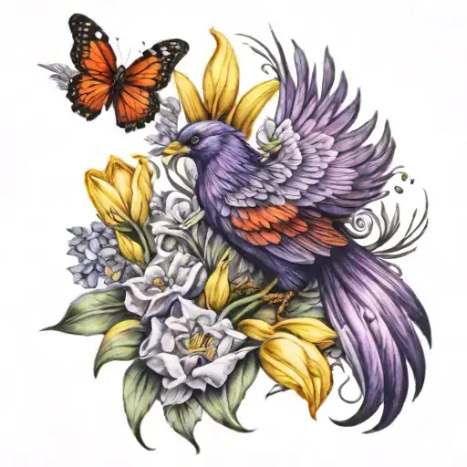 Tattoo Of A Purple And Red Phoenix With Yellow Tulips And Butterflies