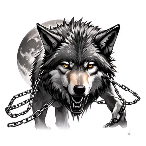 Wolf Standing With Chains Wrapped Around His Body With A Fierce Face And A Moon In The Background