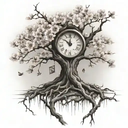 Cherry Blossom Tree With A Clock Inside The Roots