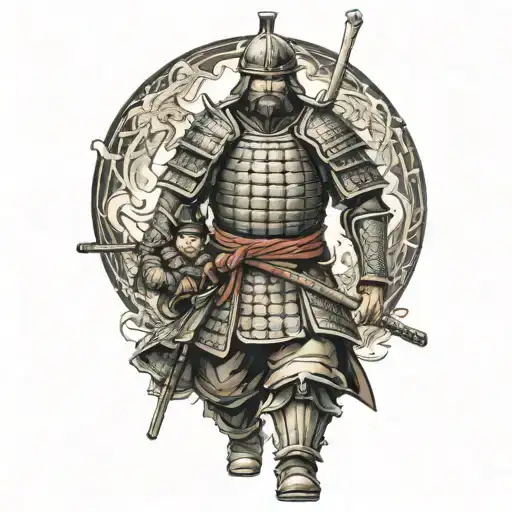 Samurai In Full Armor Ready For War With 2 Children Holding His Arms To Pull Him