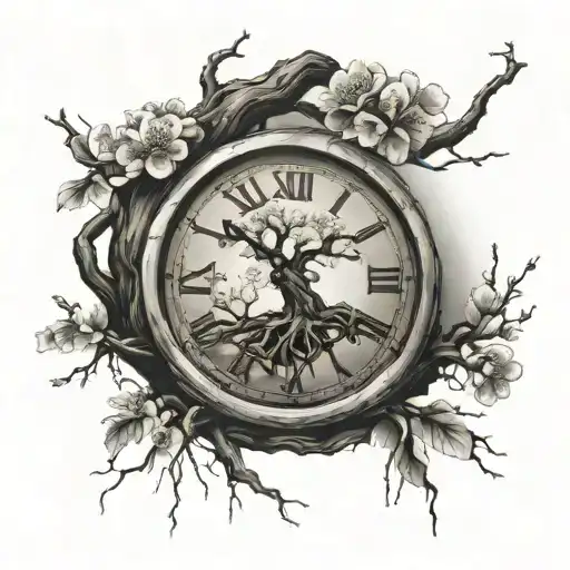 Cherry Blossom Tree With Roots Around A Clock