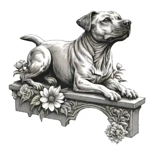Stafford Bull Terrier On Grave Stone That Says 2014-2024 With Flowers Angel Flying Away