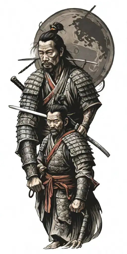 Samurai Iready For War With 2 Children Holding His Arms To Pull Him