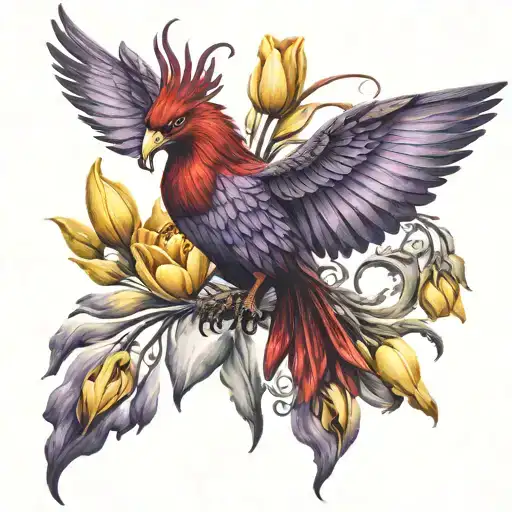 Tattoo Of A Purple And Red Phoenix With Yellow Tulips And Butterflies