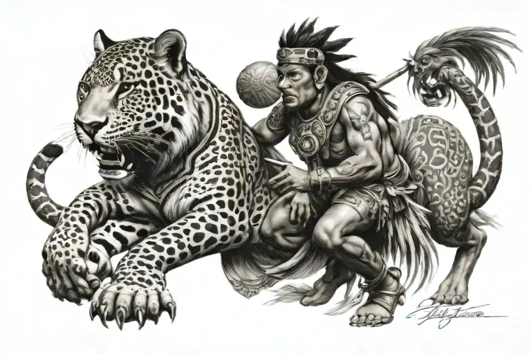 Mayan Warrior With Jaguar Prowling