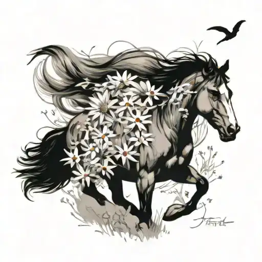 Wild Horse Galloping Through Wildflowers With Indian Feathers In It's Mane