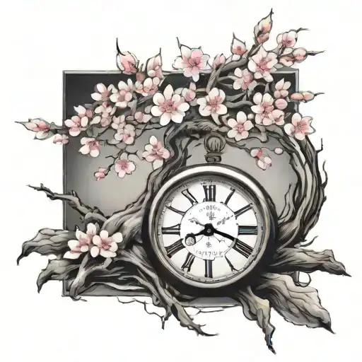 Cherry Blossom Tree With Roots Around A Clock