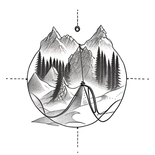 Mountain Scene Met Compass With Rope With Dots Round And Mountainbike On The Hill