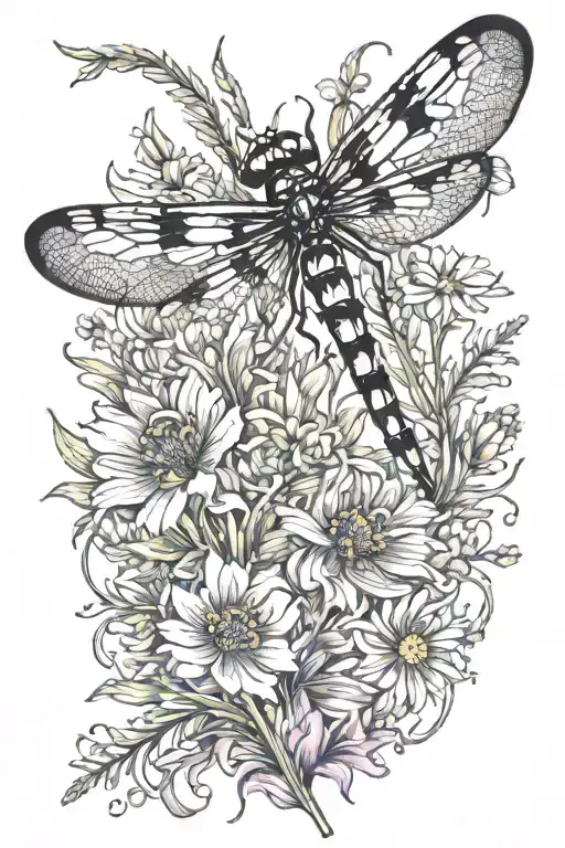 A Dragonfly Hovering Over A Field Of Vibrant Wildflowers With A Hidden Tiger Silhouette