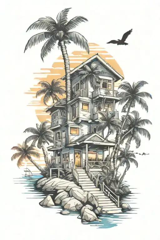 Building A Cement House Palm Trees Colors Sunset Sky In Island