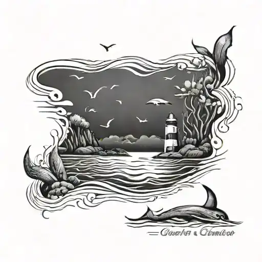 Simple Ocean Scenery Tattoo Featuring 6 Different Names Incorporated But Also In A Single Line