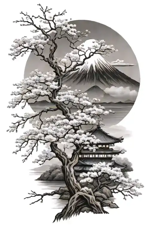Cherry Blossom Tree With Mount Fuji In Background