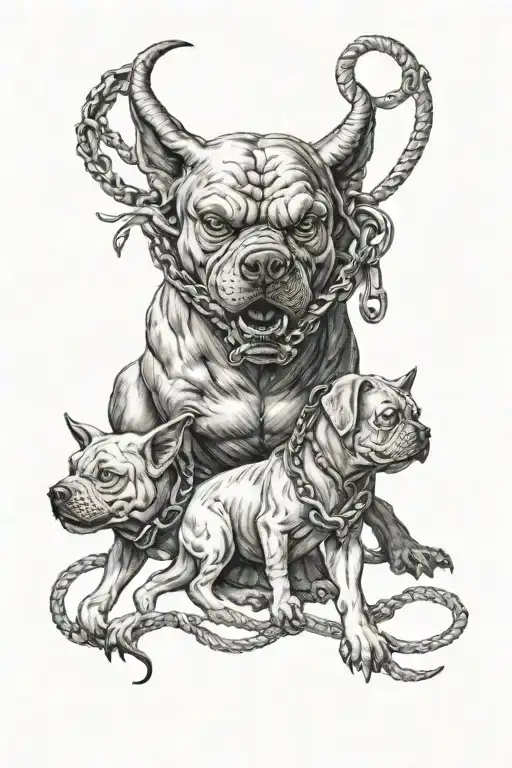Devil Holding The Leash To A Three-headed Dog