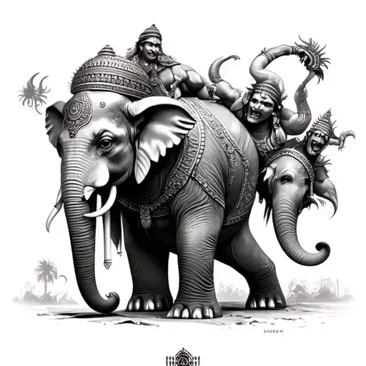 Detailed Black And White Historic India War Elephant Battling Evil Demons