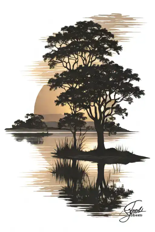 Savannah Landscape With Sunset With River With Sun Reflection