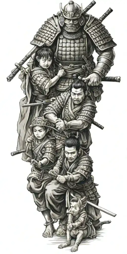 Samurai Iready For War With 2 Children Holding His Arms To Pull Him