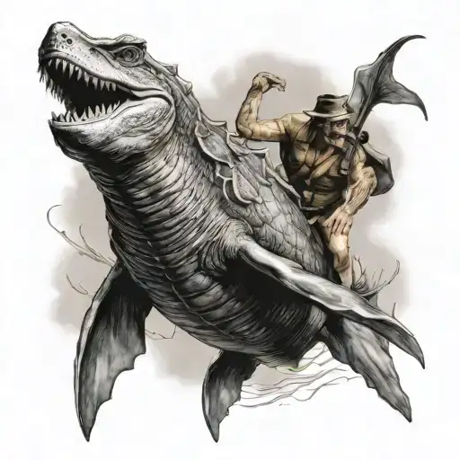 Creature Of Black Lagoon Riding A Hammerhead Shark