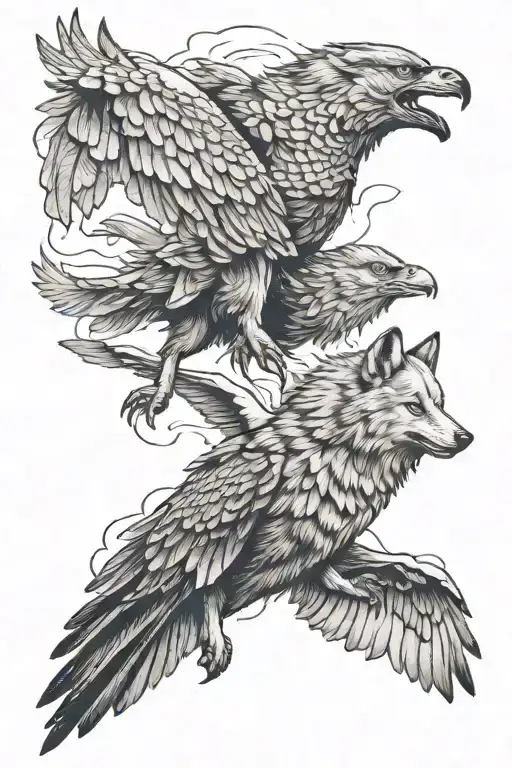 Wolf And Eagles Flying