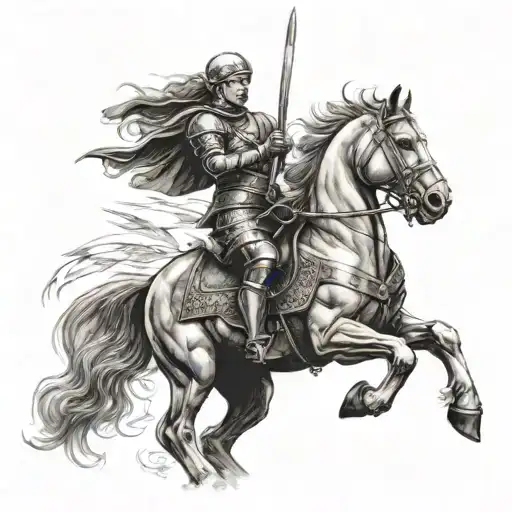 Joan Of Arc In Full Armor Riding Horse Holding Sword Determined Face