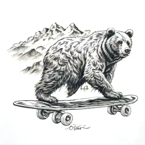 A Realistic Tattoo Of A Bear Riding A Skateboard With A Mountain Landscape In The Background
