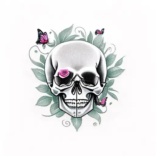 Skull With Rose And Butterflies That Say Stay Frees