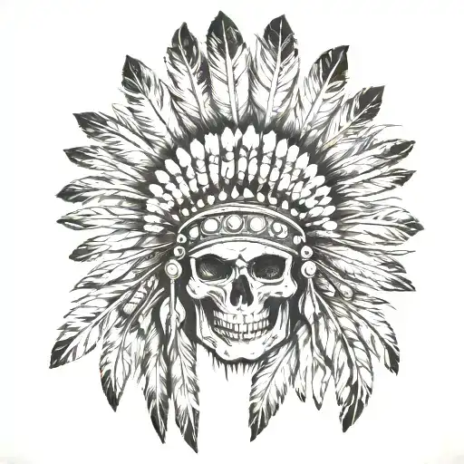 Skull And Indian Head Dress With Long Feathers