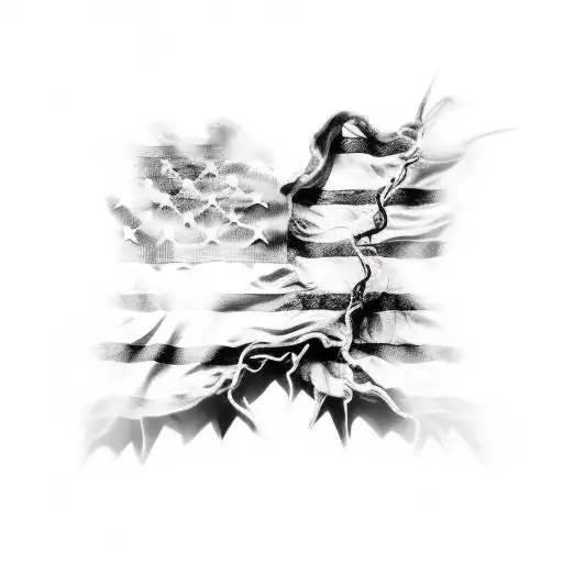 Flowing Black And White American Flag Coming Out Of Ripped Skin