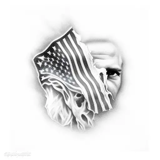 Flowing Black And White American Flag Coming Out Of Ripped Skin