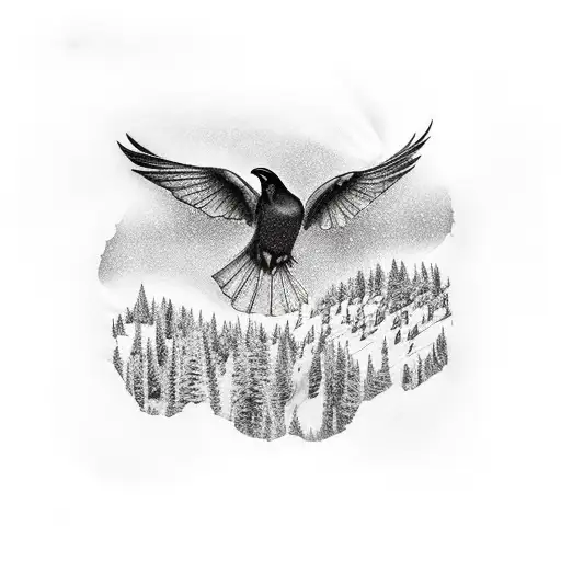 Raven Flying Amidst Spruce Trees
