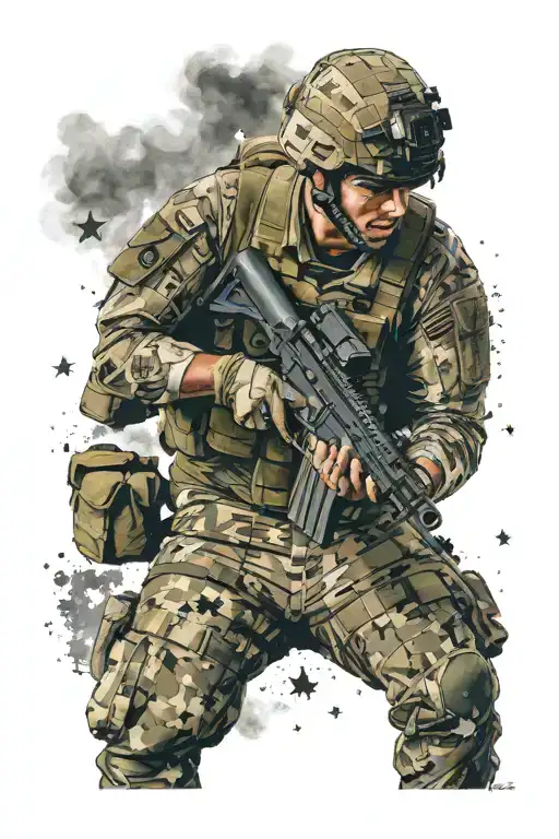 Military Soldier Ocp With M4 On Battlefield With Stars Above Him