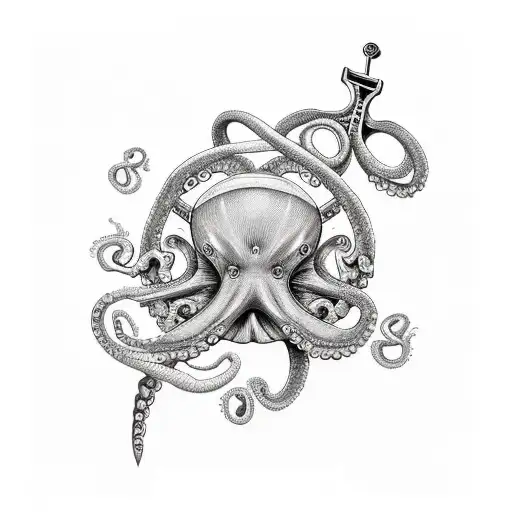 Anchor With A Steering Wheel At The Top And An Octopus In It And Corals At The Bottom