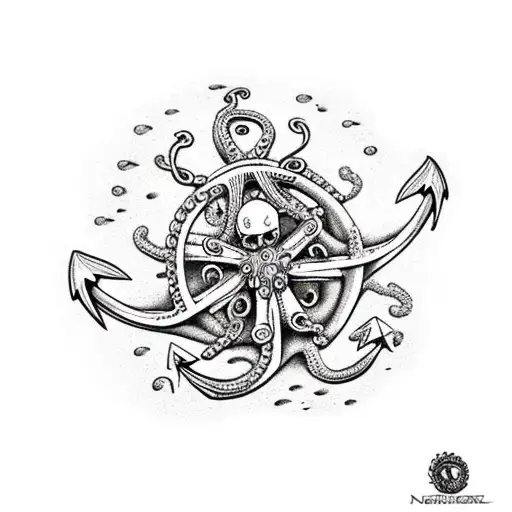 Anchor With A Steering Wheel At The Top And An Octopus In It And Coral Reefs At The Bottom