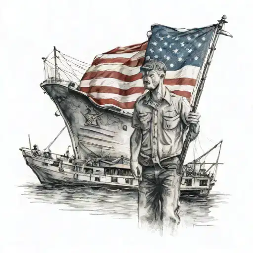 Man Standing On Navy Ship With American Flag And Italian Flag Draped Across Shoulders