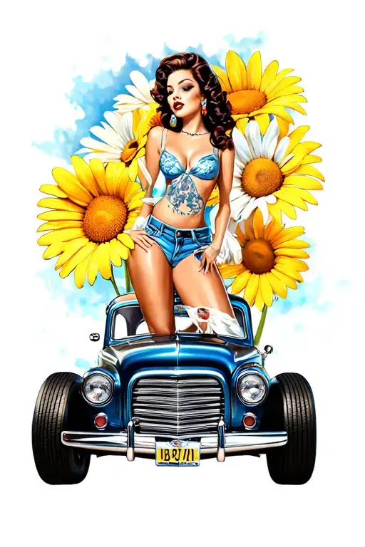 Sexy Pinup In Daisy Dukes On The Hood Of A Classic Hotrod Car