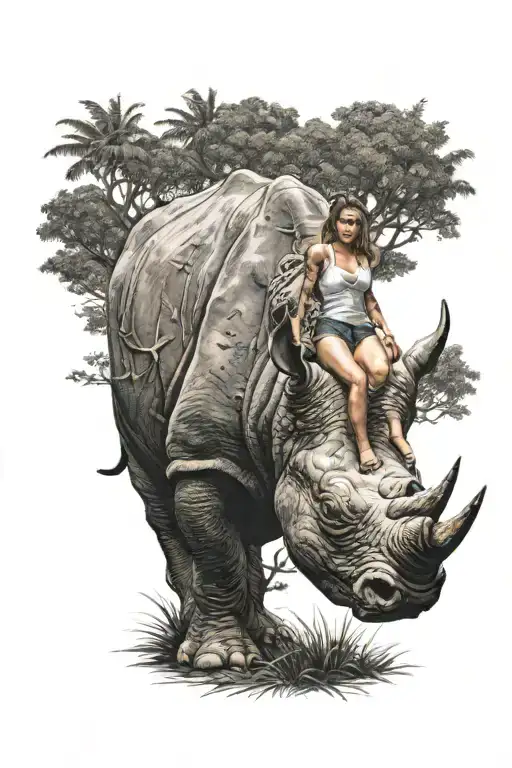 A Scantily Clad Girl Rides A Rhinoceros Through The Forest