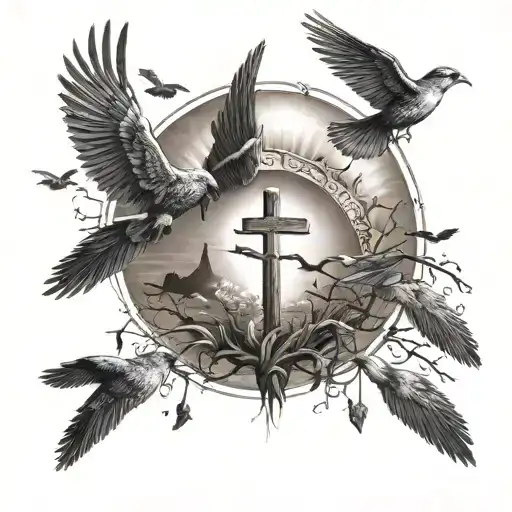Cross And Birds Flying Towards The Sun