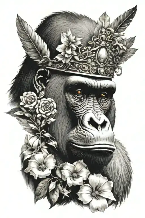 Gorilla With A Crown Of Flowers And Feathers Coming