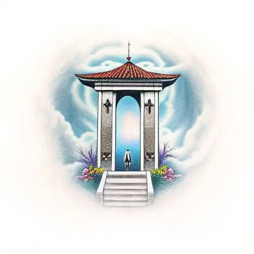 Heaven Gate With Stair And Little Walking Up To Them