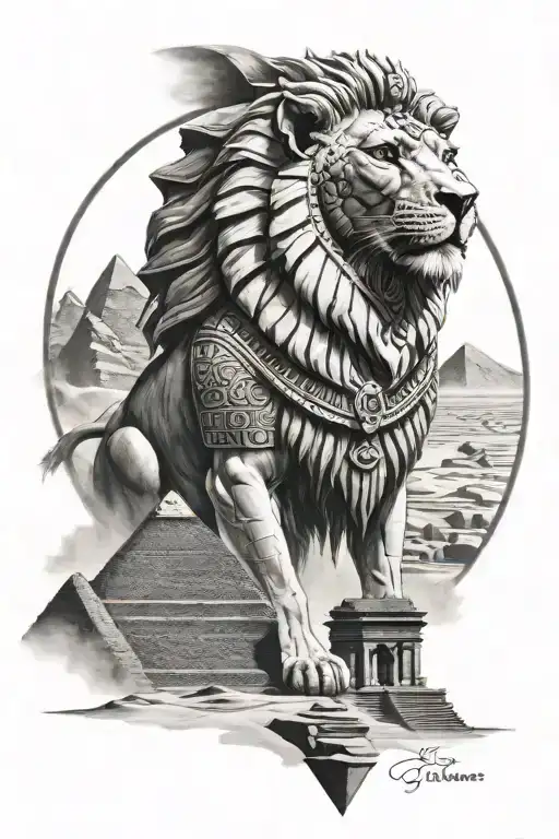 Egyptian Lion Overlooking Pyramids