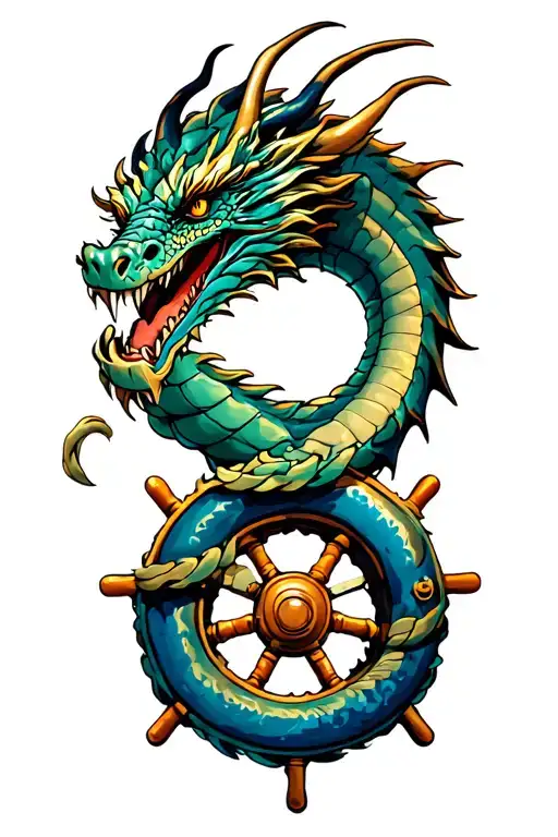 Dragon Wrapped Around Ship Wheel Intertwined