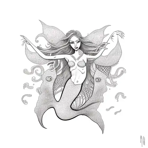 Female Mermaid Lookining Into Away To Be Placed On Upper Thigh