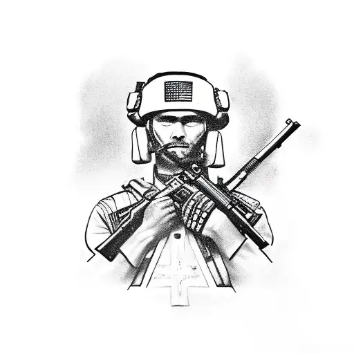 Soldier Holding A Rifle Hk G36c With A Cross In The Background