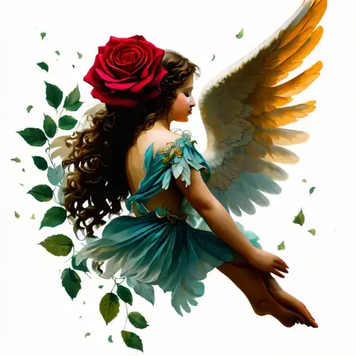 Roseary With Colored Wings And Leaves Falling Angel