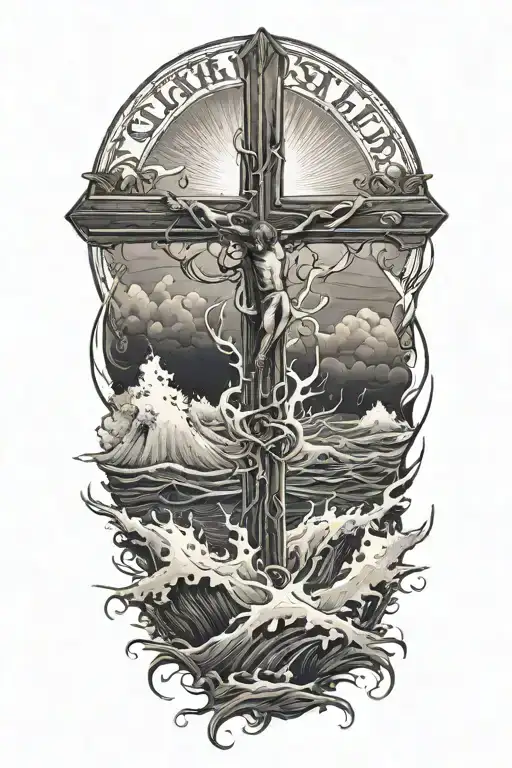 With An Empty Cross In The Foreground Sitting In The Middle Of Crashing Waves With Light Spreading