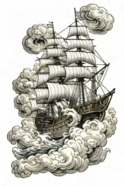 Ancient English Ship On A Sea Of Clouds And Fire