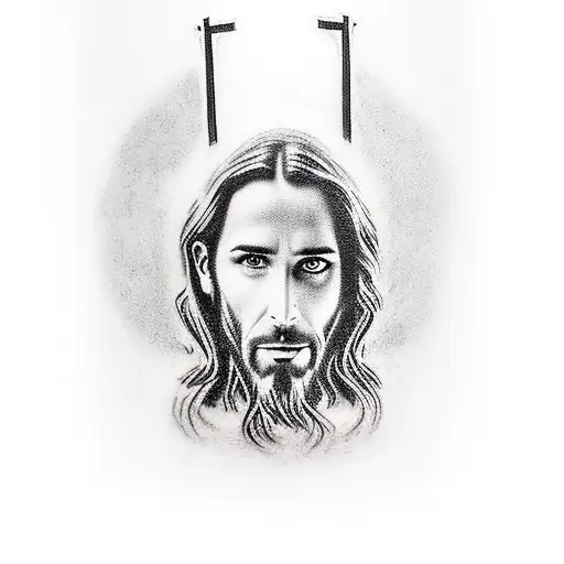 Create A Realistic Tattoo Of Jesus Christ Holding A Rifle Hk G36c With A Cross In The Background
