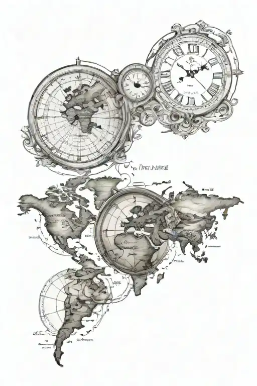 World Map And Compass And Clock