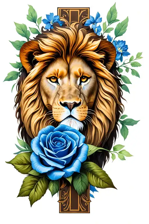 Lion In A Cross With A Blue Rose Intertwined